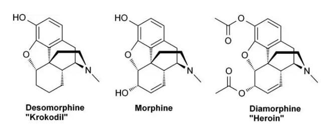 二氢脱氧吗啡、吗啡、海洛因化学结构图